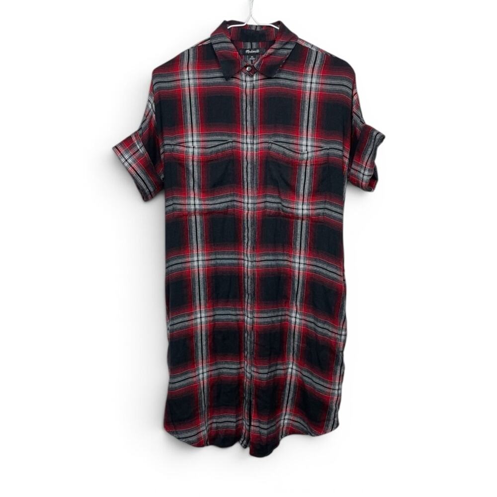 Madewell Red and Black Plaid Button-Up Shirt dress with pockets size XS - Picture 2 of 6